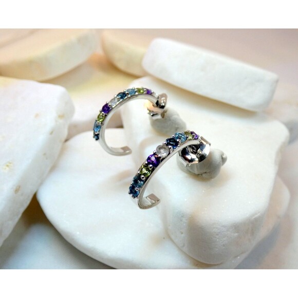 Genuine-Multi Color Gemstone Sterling Silver Hoop Earrings- Colorful Earrings - Picture 5 of 6